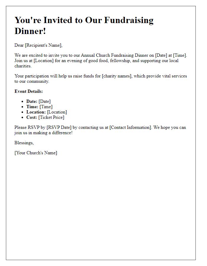 Letter template of church fundraising dinner invitation for local charities.