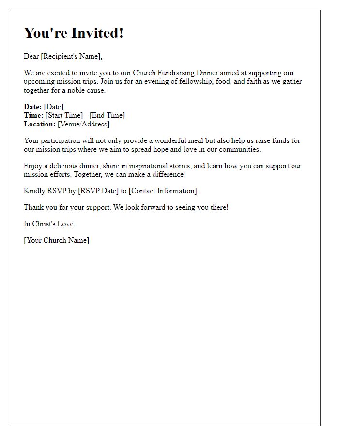 Letter template of church fundraising dinner invitation for mission trips.