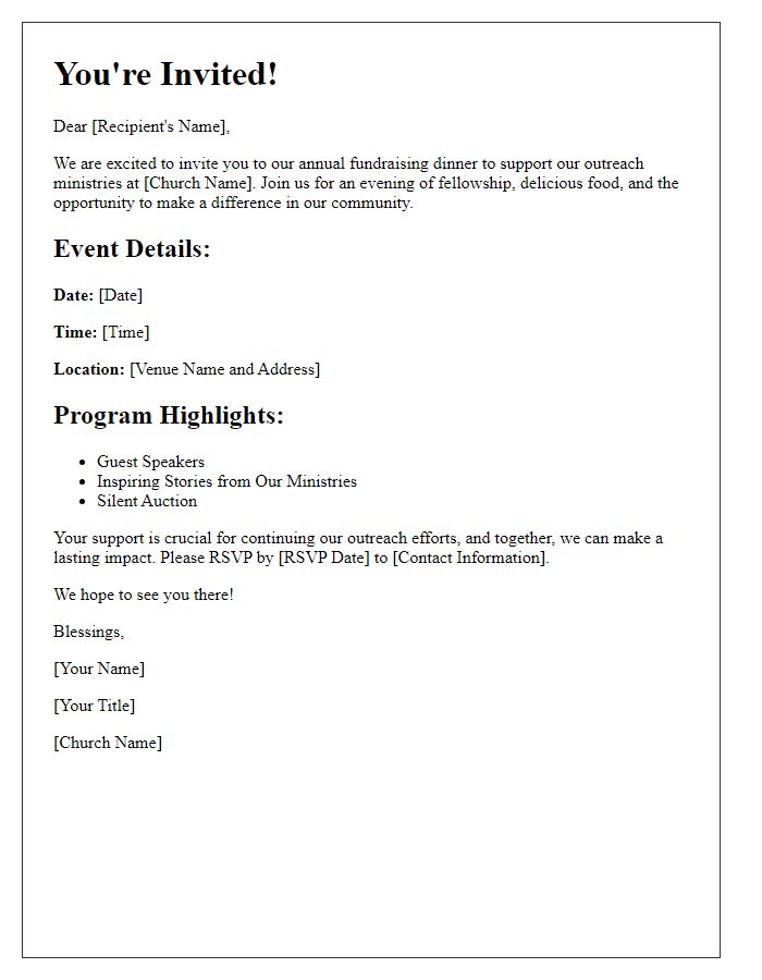 Letter template of church fundraising dinner invitation for outreach ministries.