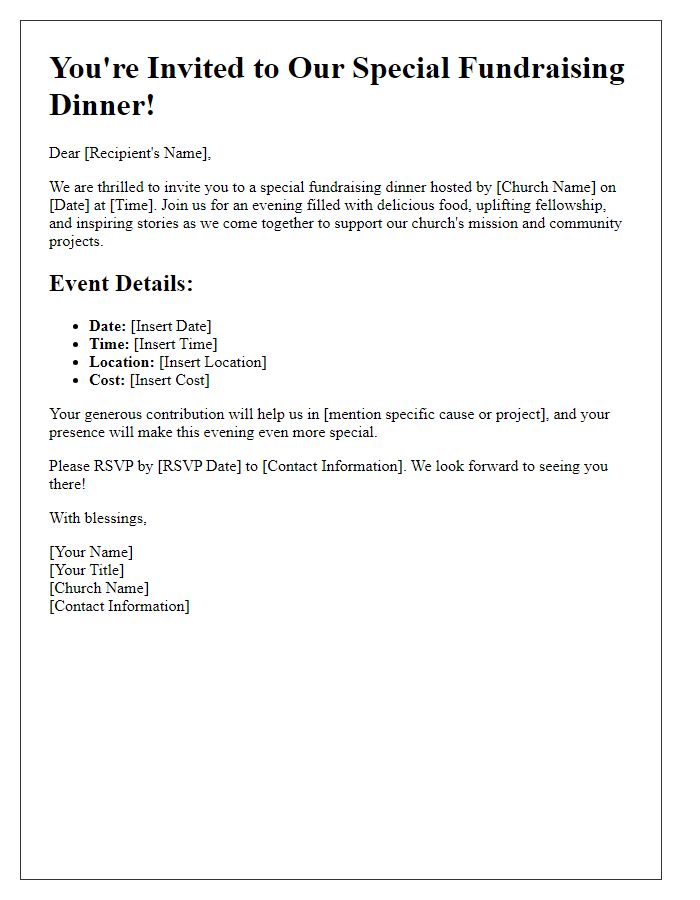 Letter template of church fundraising dinner invitation for special events.