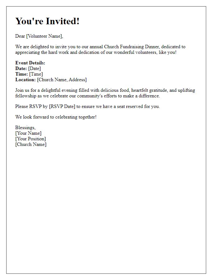 Letter template of church fundraising dinner invitation for volunteer appreciation.