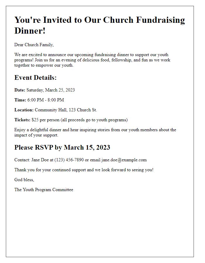 Letter template of church fundraising dinner invitation for youth programs.