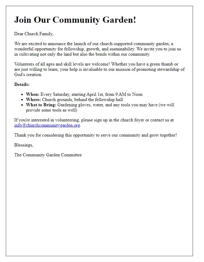 Letter template of church-supported community garden volunteer recruitment