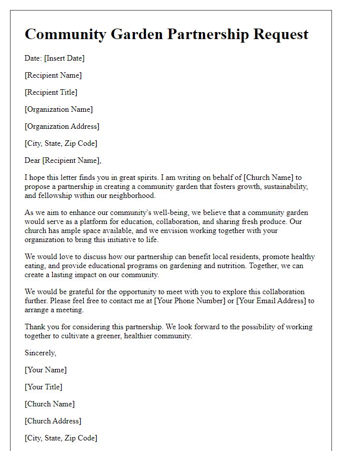 Letter template of community garden partnership request by church