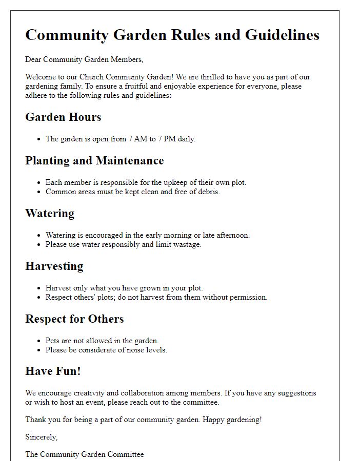 Letter template of community garden rules and guidelines from church