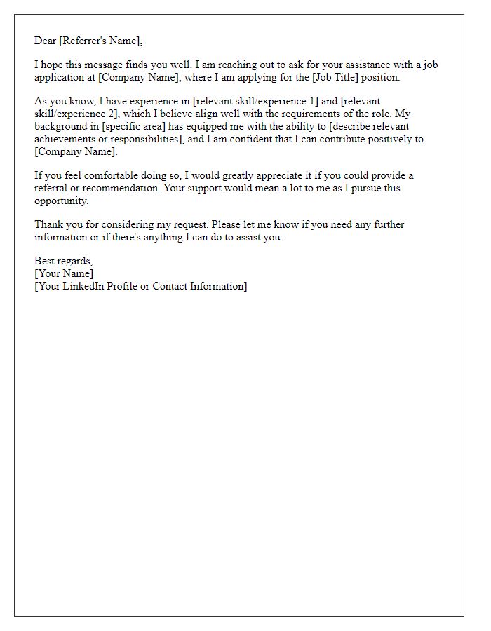 Letter template of job application referral request highlighting relevant skills.