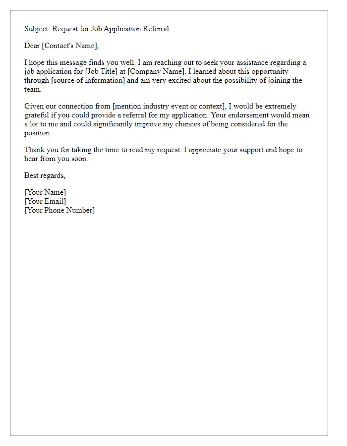 Letter template of job application referral request for an industry event contact.