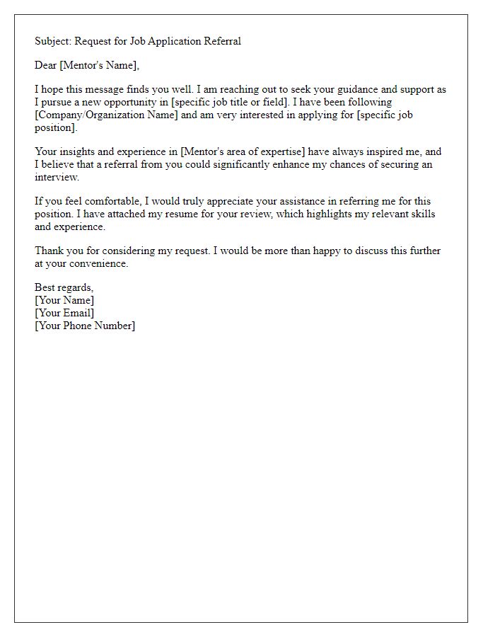 Letter template of job application referral request for a mentorship connection.