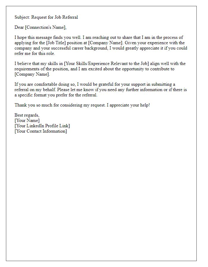 Letter template of job application referral request targeting LinkedIn connections.