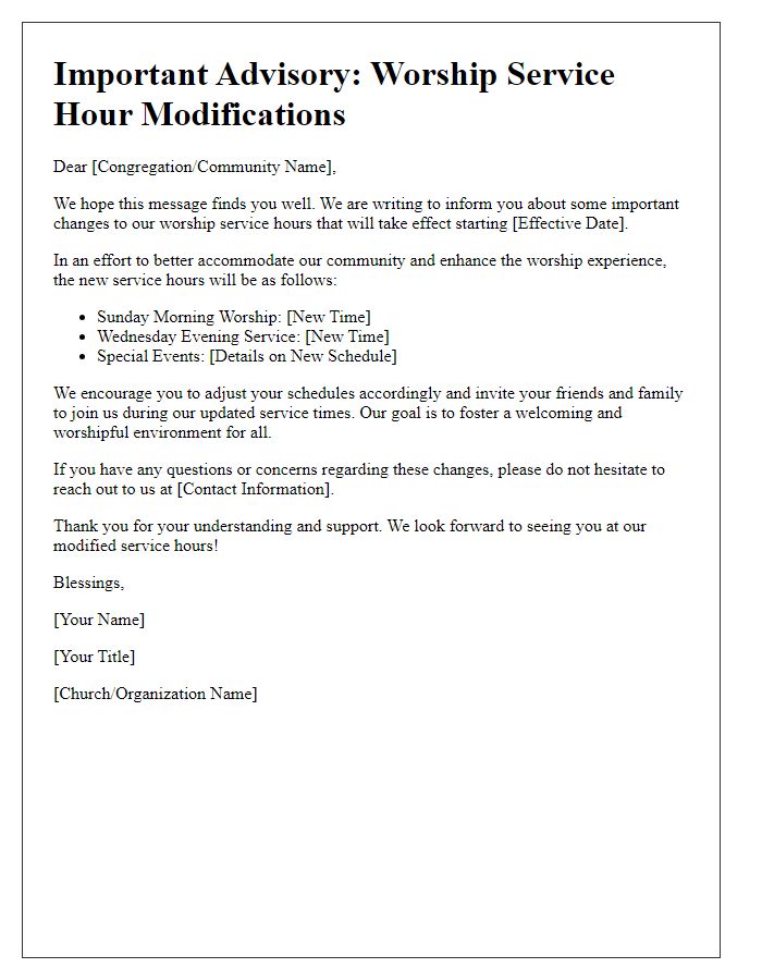 Letter template of advisory about worship service hour modifications