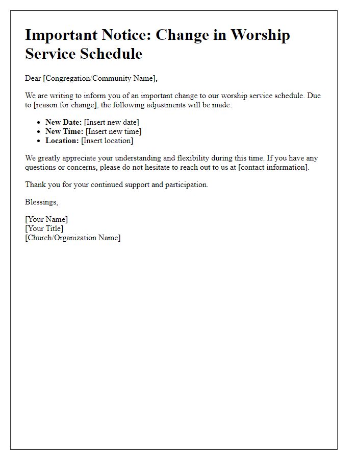 Letter template of alert for changes in worship service schedule