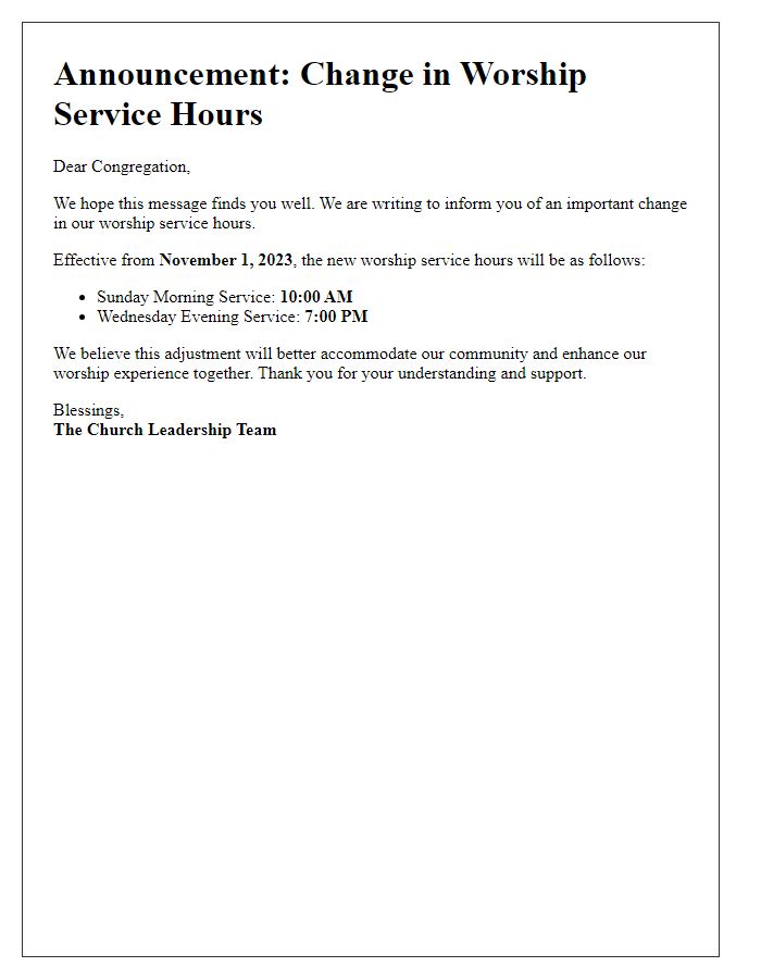 Letter template of announcement regarding change in worship service hours