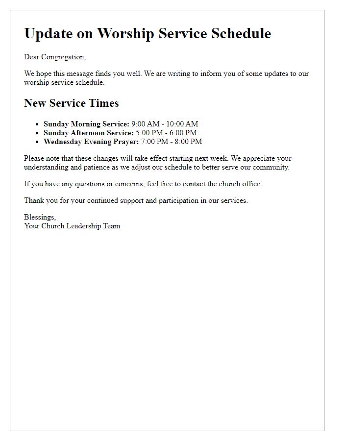 Letter template of update on worship service schedule