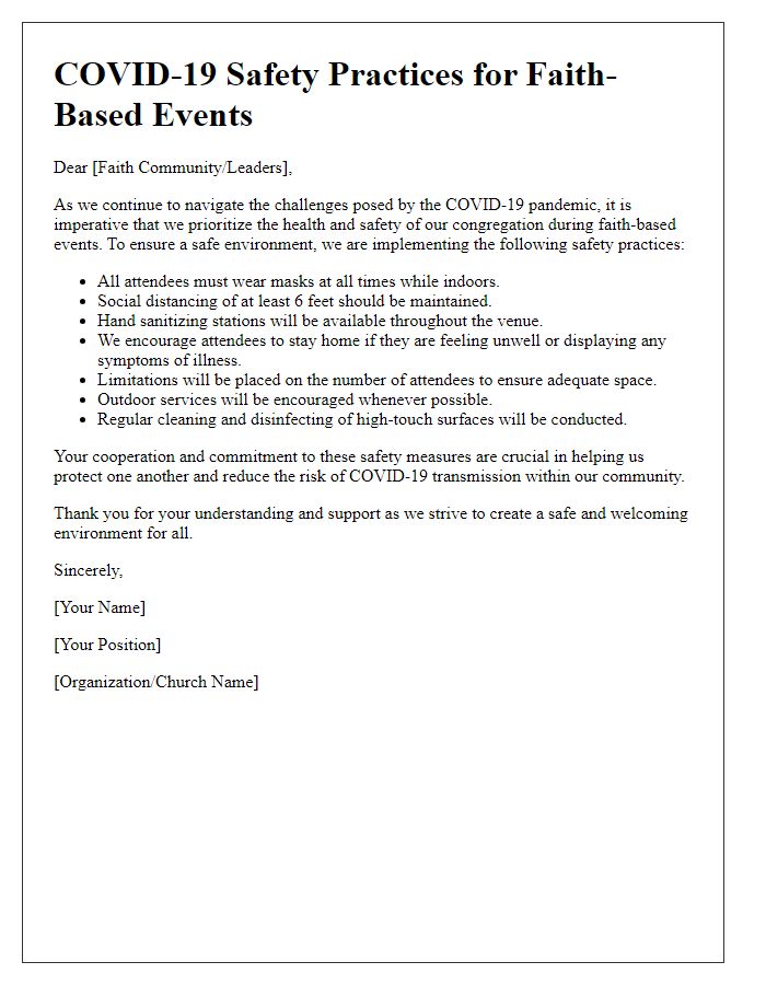 Letter template of COVID-19 safety practices for faith-based events.