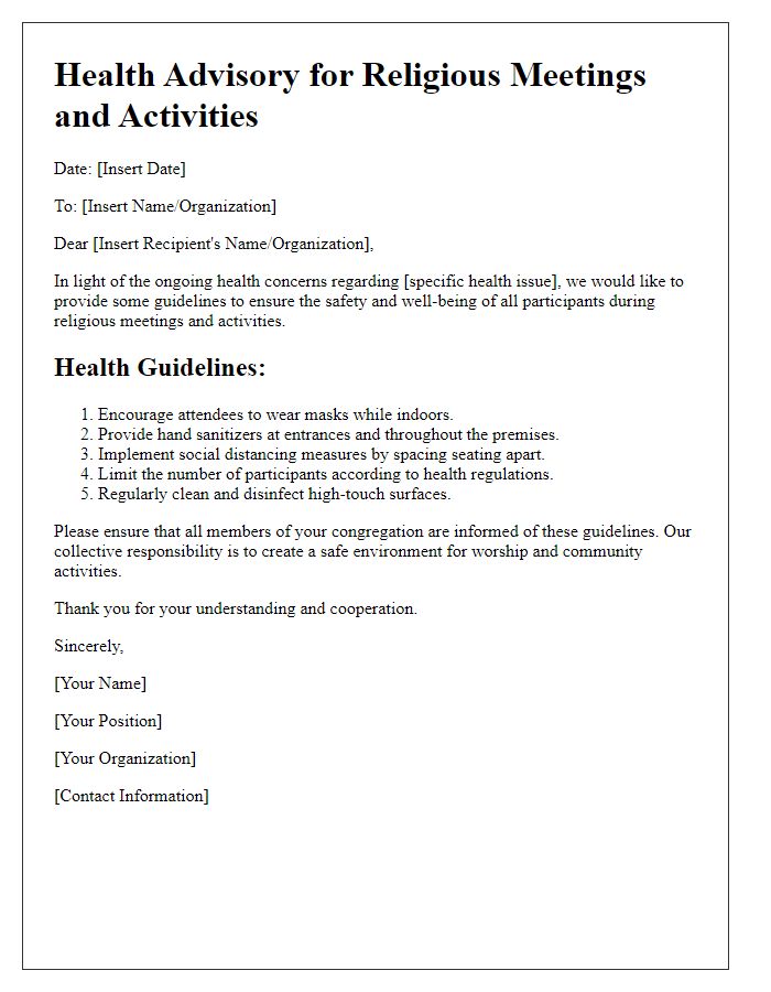 Letter template of health advisories for religious meetings and activities.