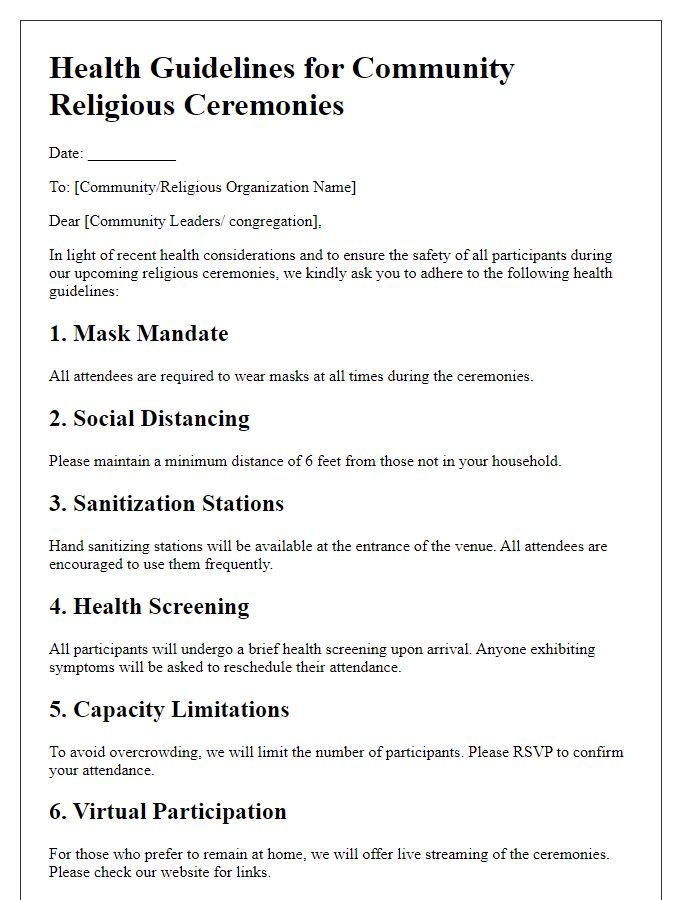 Letter template of health guidelines for community religious ceremonies.