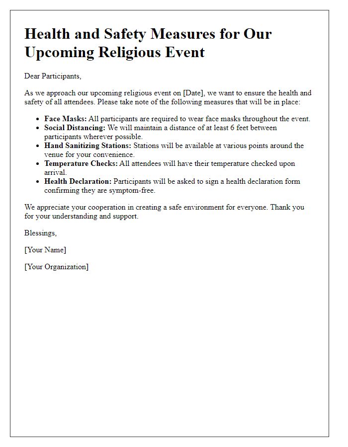 Letter template of religious event health safety measures for participants.