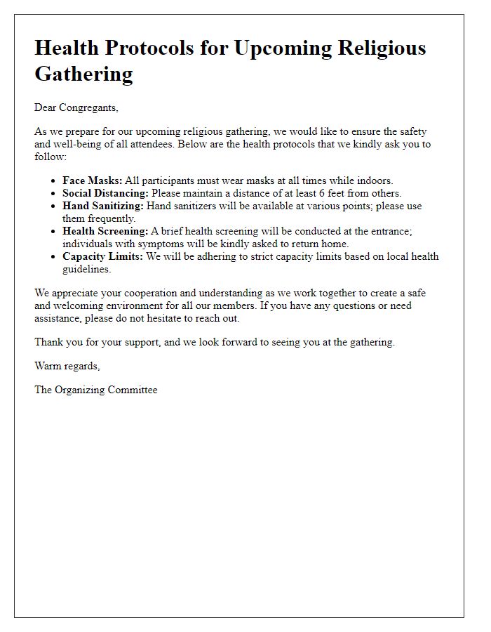 Letter template of religious gathering health protocols for congregants.