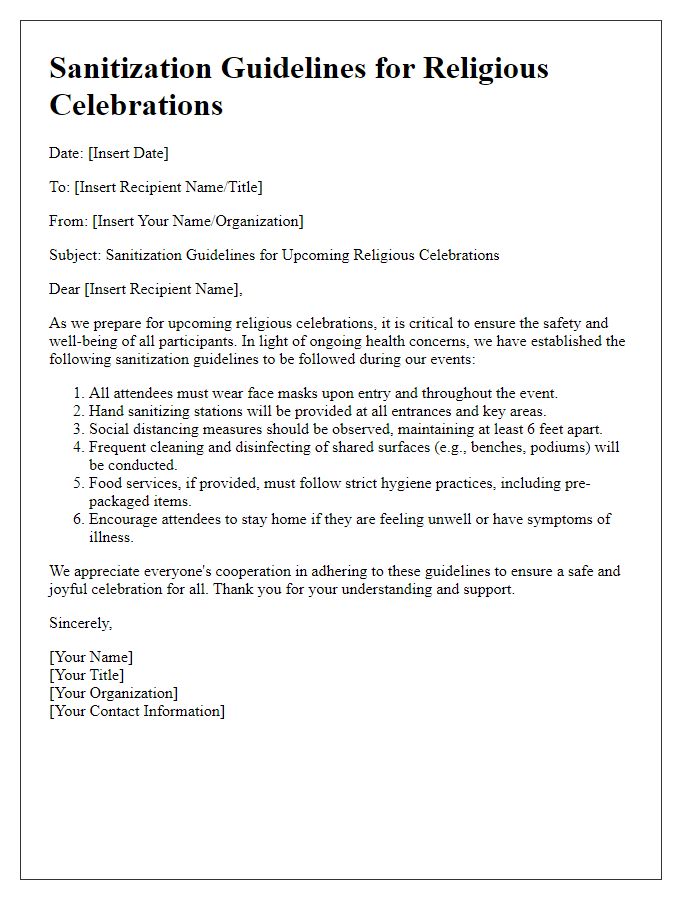 Letter template of sanitization guidelines for religious celebrations.