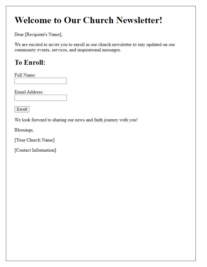 Letter template of church newsletter enrollment.