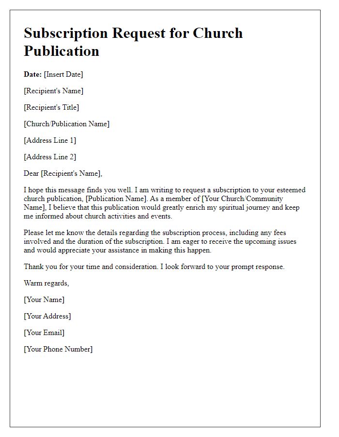 Letter template of church publication subscription request.