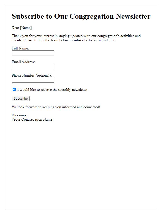 Letter template of congregation newsletter subscription form.
