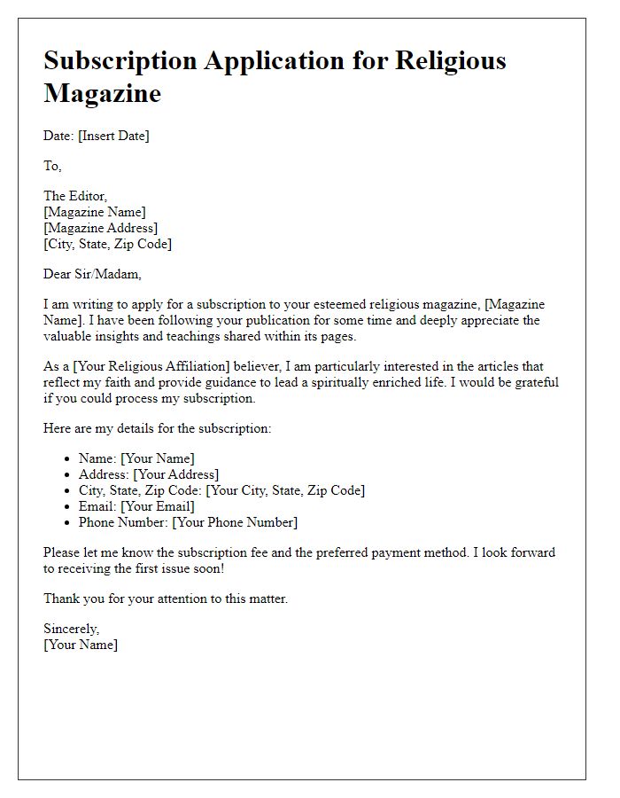 Letter template of religious magazine subscription application.