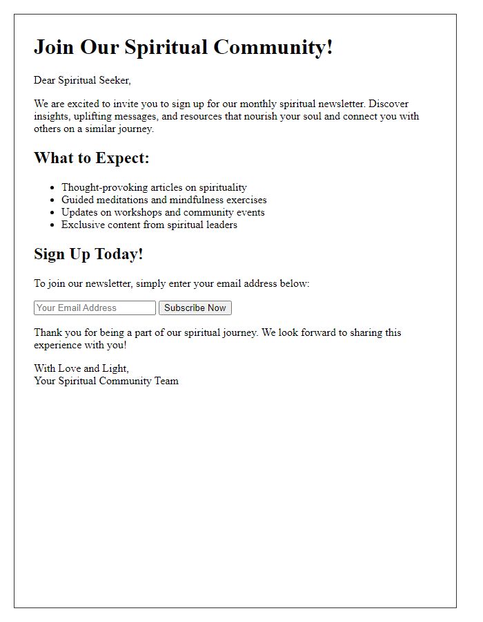 Letter template of spiritual newsletter sign-up.