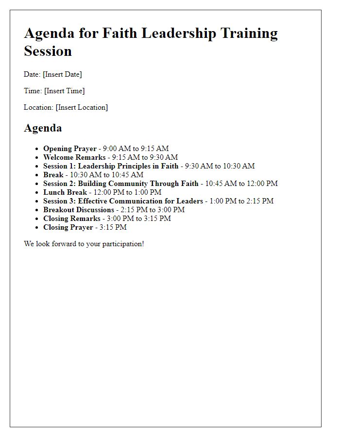 Letter template of agenda for faith leadership training session