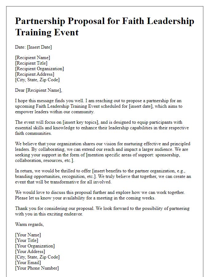 Letter template of partnership proposal for faith leadership training event