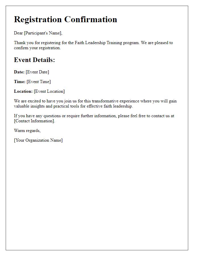 Letter template of registration confirmation for faith leadership training