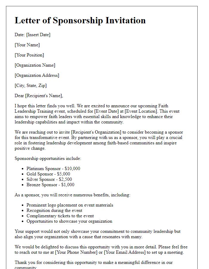 Letter template of sponsorship opportunity for faith leadership training