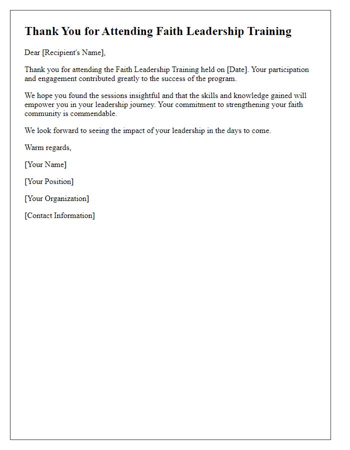 Letter template of thank you for attending faith leadership training