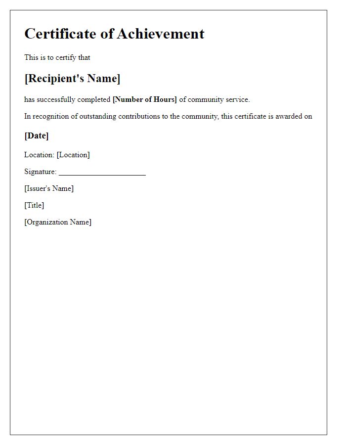 Letter template of community service certificate of achievement