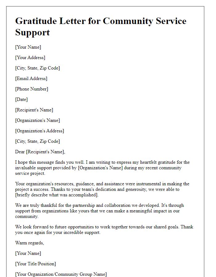 Letter template of community service gratitude for organization support