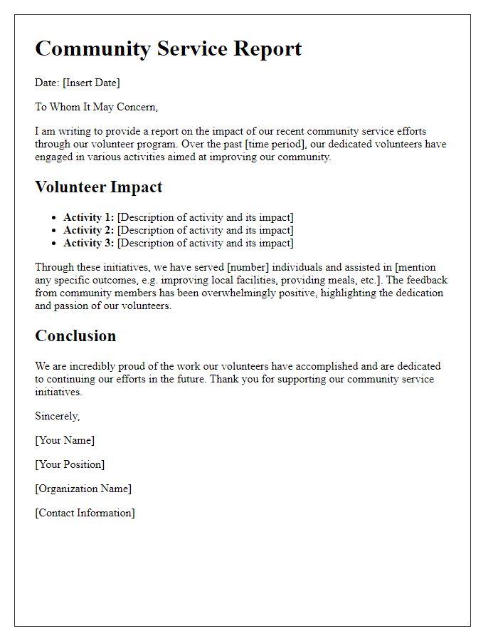 Letter template of community service report on volunteer impact