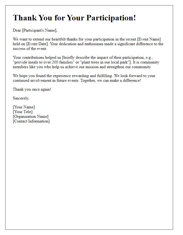 Letter template of community service thanks for participation in events