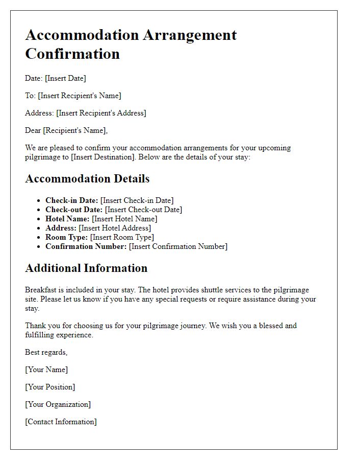 Letter template of pilgrimage travel accommodation arrangements.