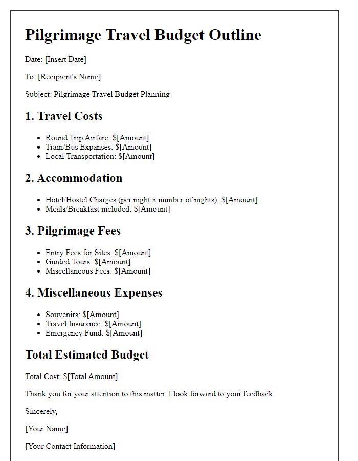 Letter template of pilgrimage travel budget outline.