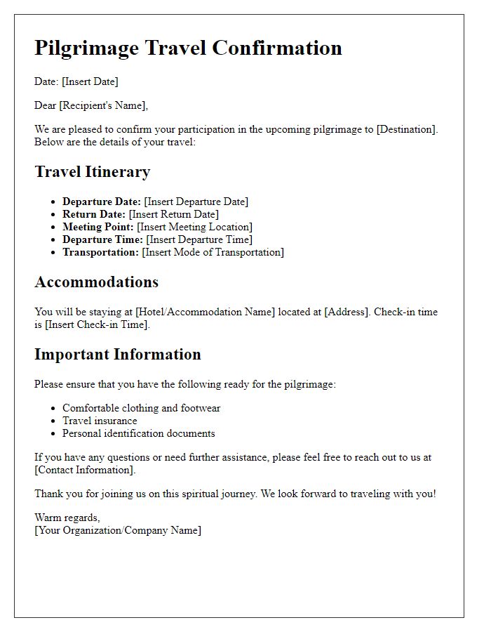 Letter template of pilgrimage travel confirmation.