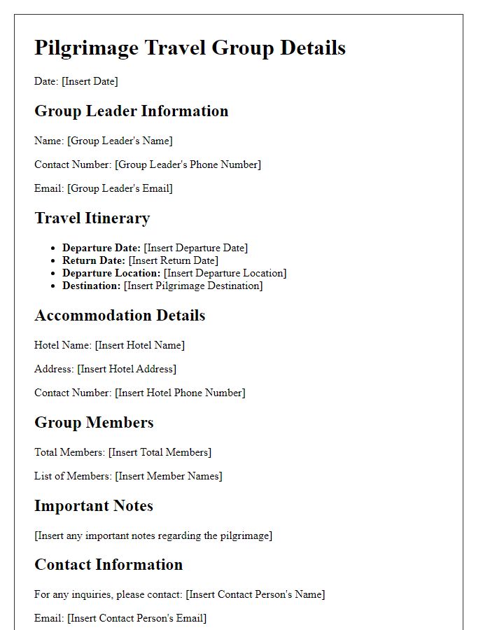 Letter template of pilgrimage travel group details.