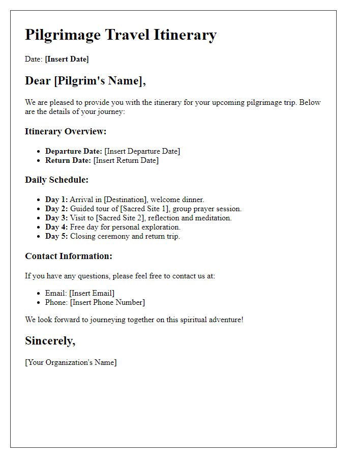 Letter template of pilgrimage travel itinerary.