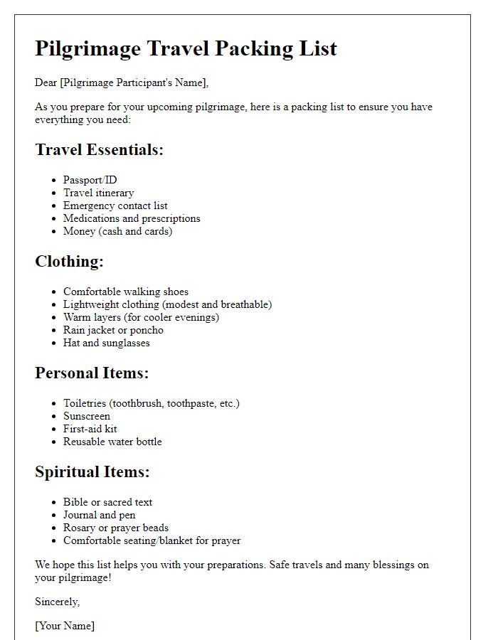 Letter template of pilgrimage travel packing list.