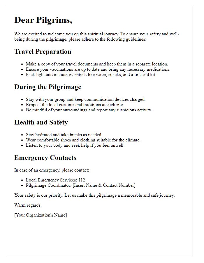 Letter template of pilgrimage travel safety guidelines.