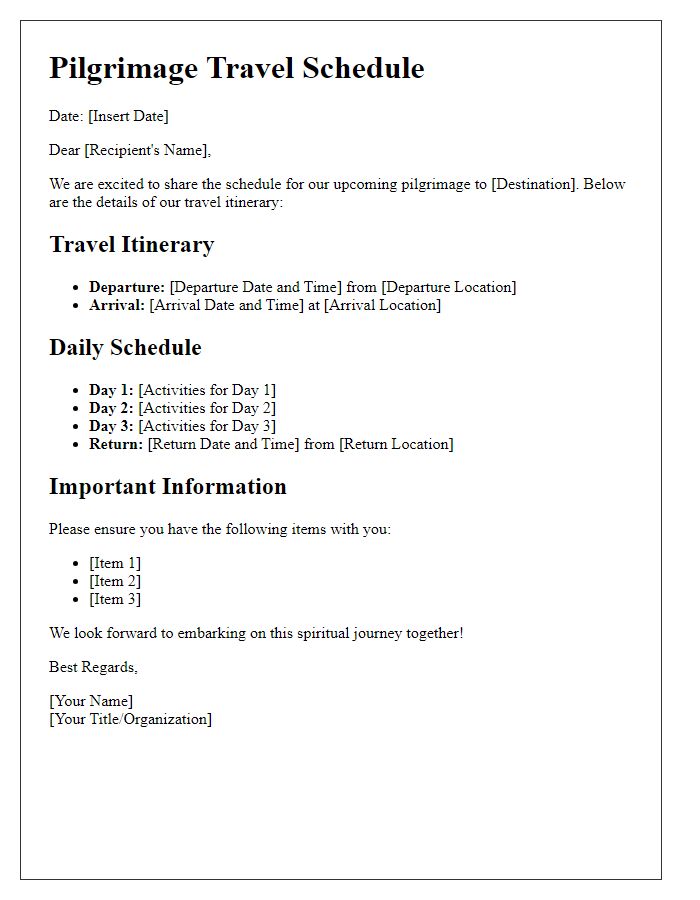 Letter template of pilgrimage travel schedule.