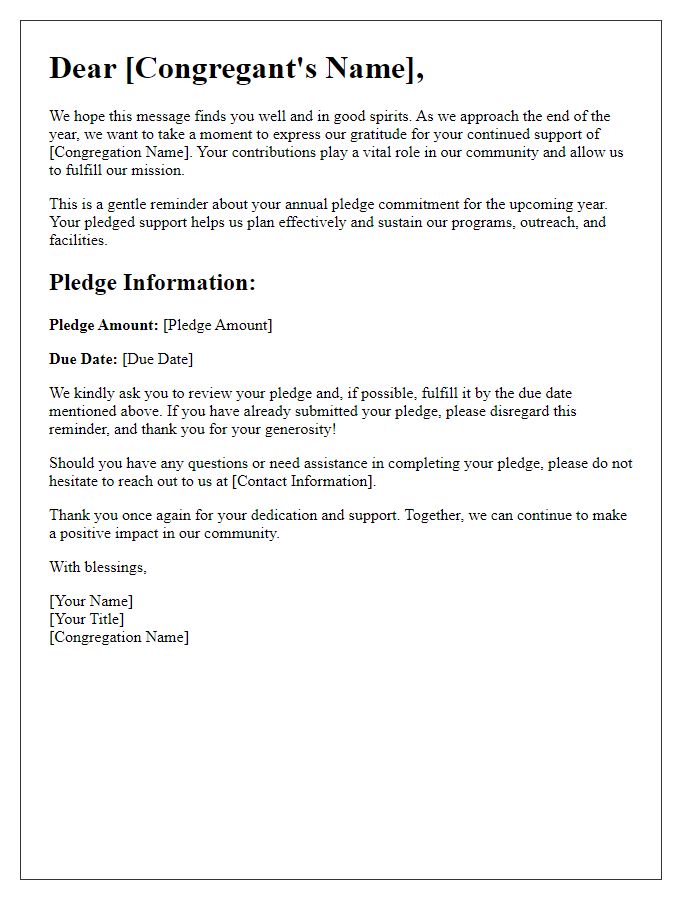 Letter template of annual pledge reminder for congregation support.