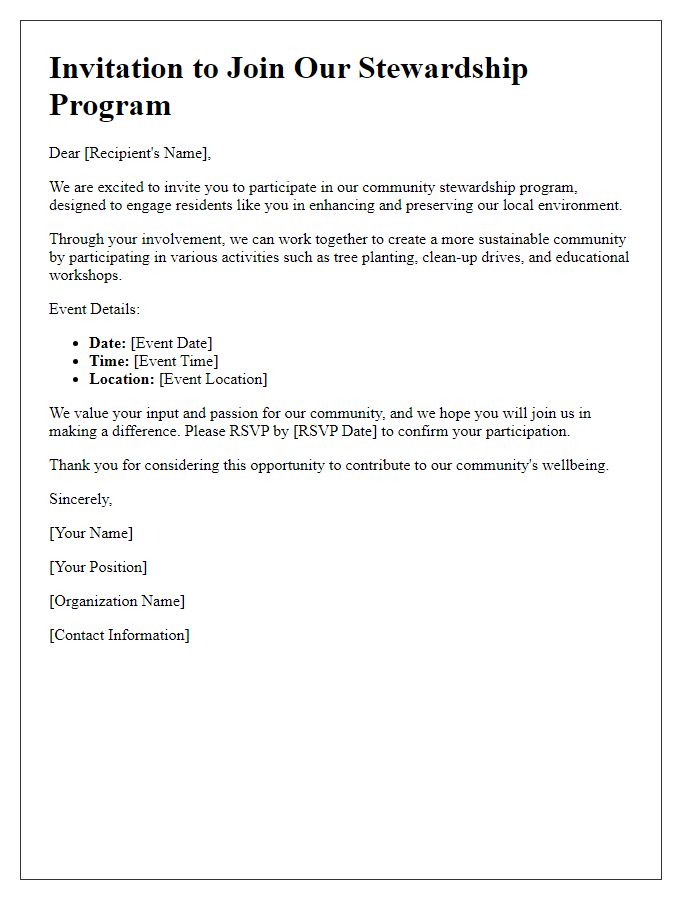 Letter template of stewardship invitation for community programs.