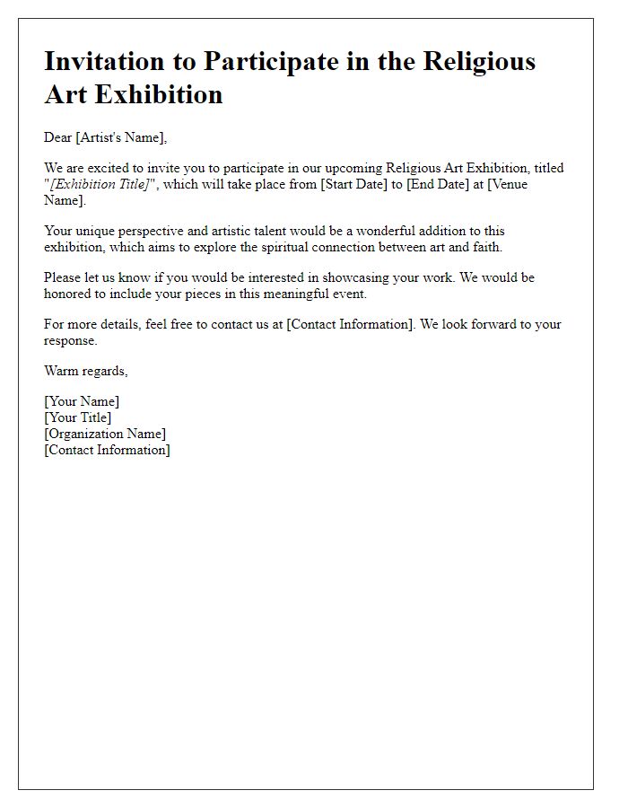 Letter template of artist invitation for religious art exhibition