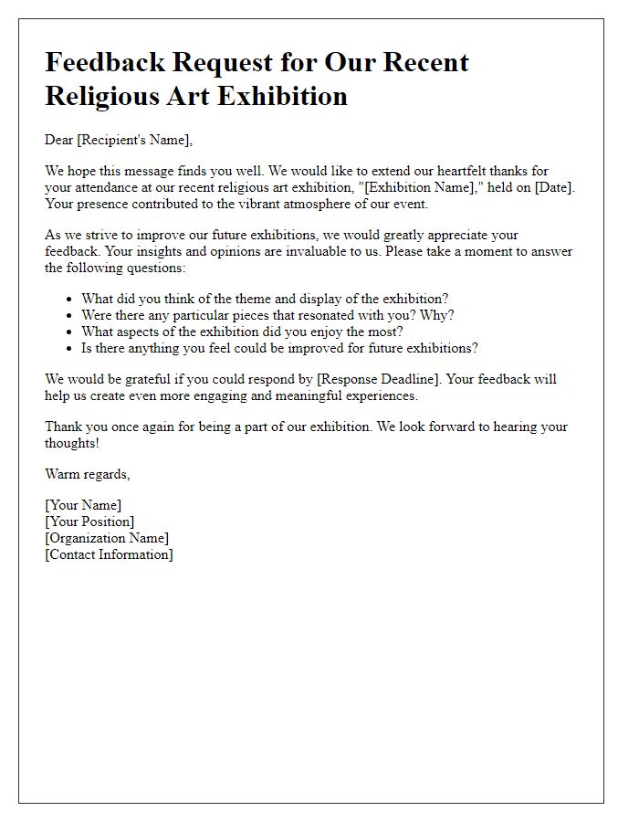 Letter template of feedback request post religious art exhibition