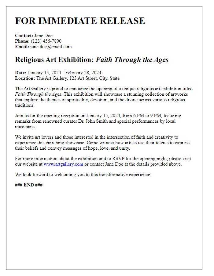 Letter template of press release for religious art exhibition